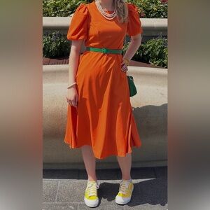 Summer Puff-Sleeve Orange Midi Dress—Small 4